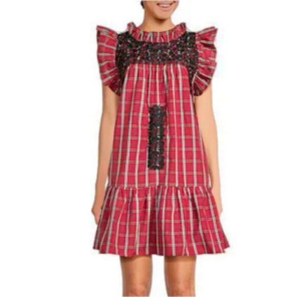 J. Marie Ruffle Neck Plaid Embroidered Tiered Mini Dress Red & Black NWT XS - Picture 1 of 10